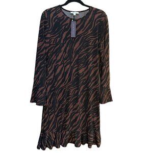 NWT Downeast Dress Animal Print Brown‎ Black Ruffle Hem Return to the Wild M